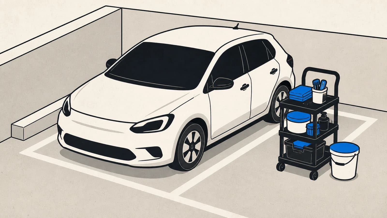 Flat illustration of a tight apartment parking space with a car, marked bay lines, and a compact bucket and cart kit with no hose.