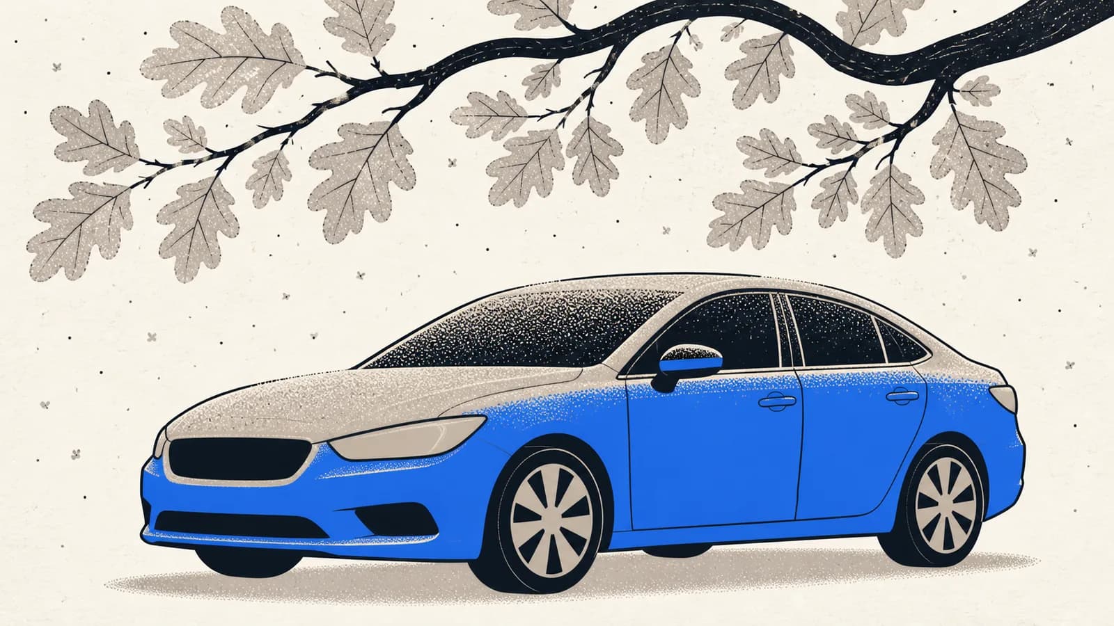 Flat illustration of a car covered in a fine layer of pollen dust under an oak branch, with pollen specks drifting through the air.