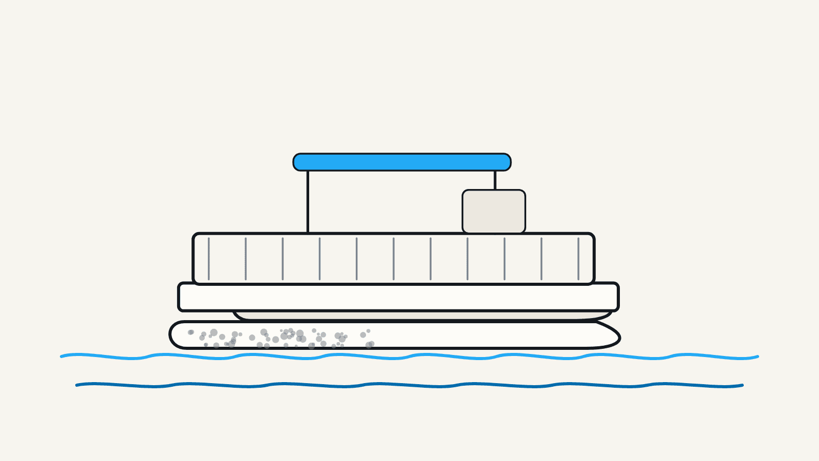 Flat illustration of a pontoon boat in profile showing the deck, fence panels, and two aluminum tubes, one dull and one brightened.