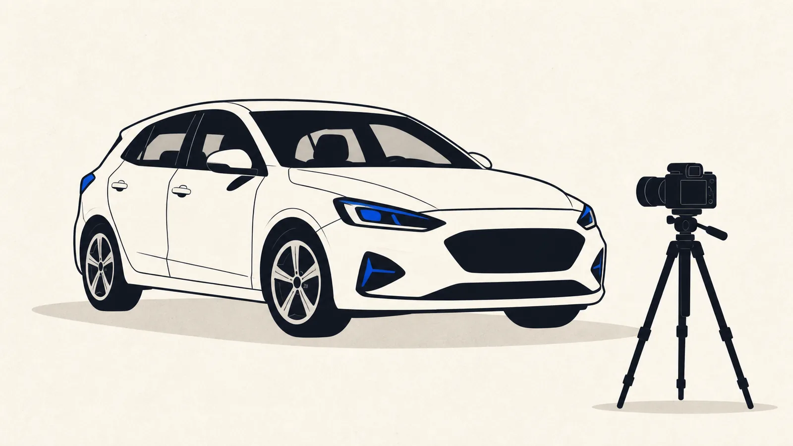 Flat illustration of a clean car parked at a three-quarter angle with a camera on a tripod in front of it in soft even light.