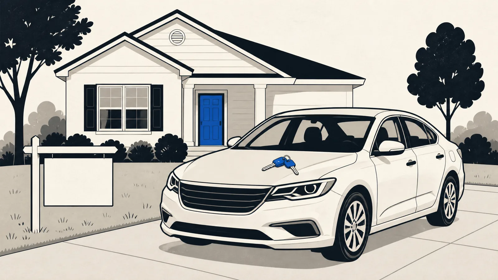 Flat illustration of a clean sedan parked in front of a house with a blank yard sign in the lawn and a set of keys on the hood.