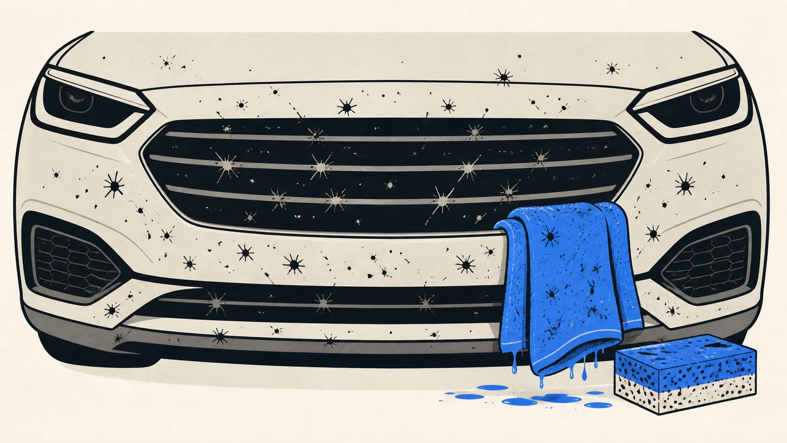Flat illustration of a car front bumper and grille peppered with splattered bug residue, with a soaking towel draped over one section and a bug sponge beside it.