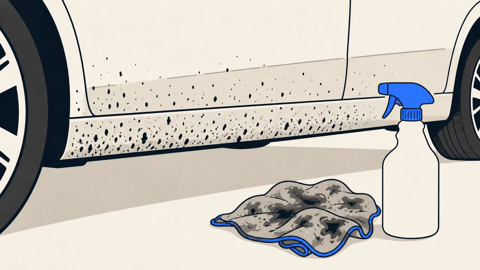 Flat illustration of a car rocker panel and lower door speckled with black tar flecks, with a tar remover bottle and a soaked towel beside it.