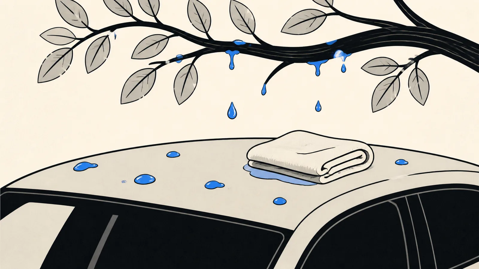 Flat illustration of sticky sap droplets fallen from an overhanging branch onto a car roof, with a soaked towel resting over one drop.