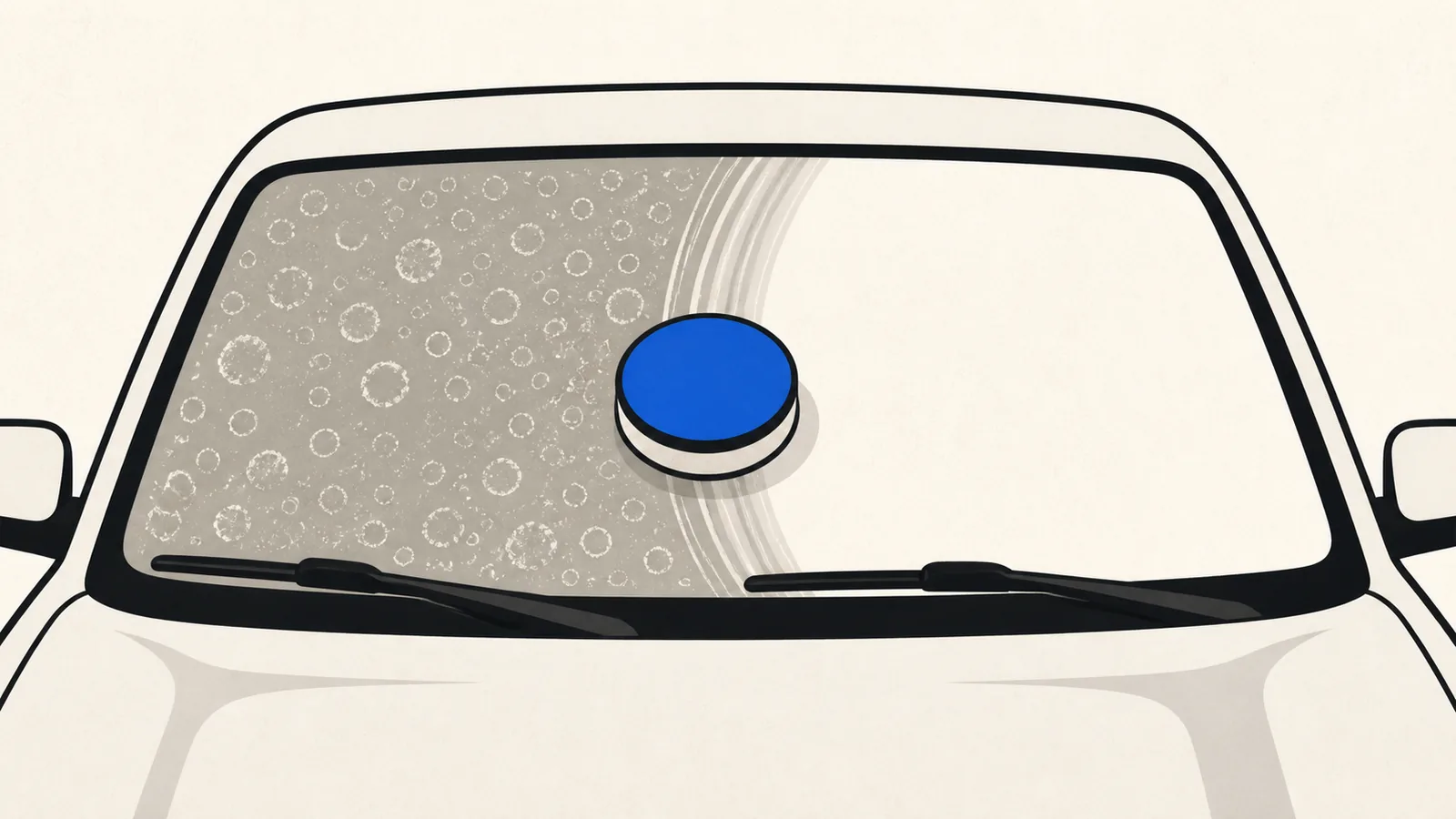 Flat illustration of a windshield with chalky ring-shaped water spots on one half and clear polished glass on the other, with a polishing pad between them.
