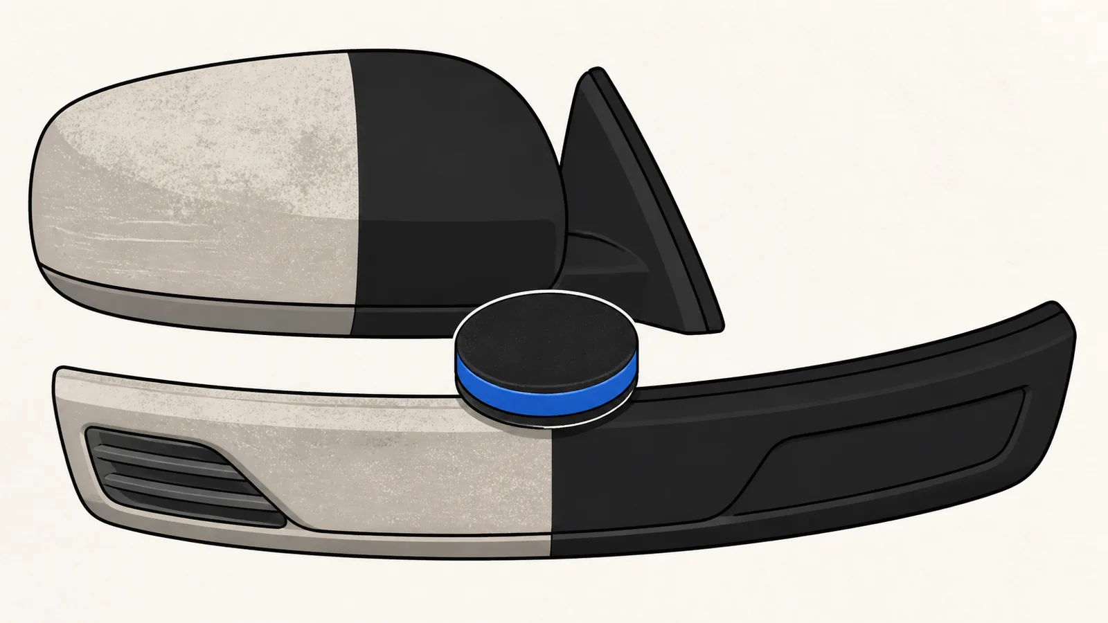 Flat illustration of a car mirror housing and bumper trim, chalky grey on one half and deep black on the other, with an applicator pad between them.