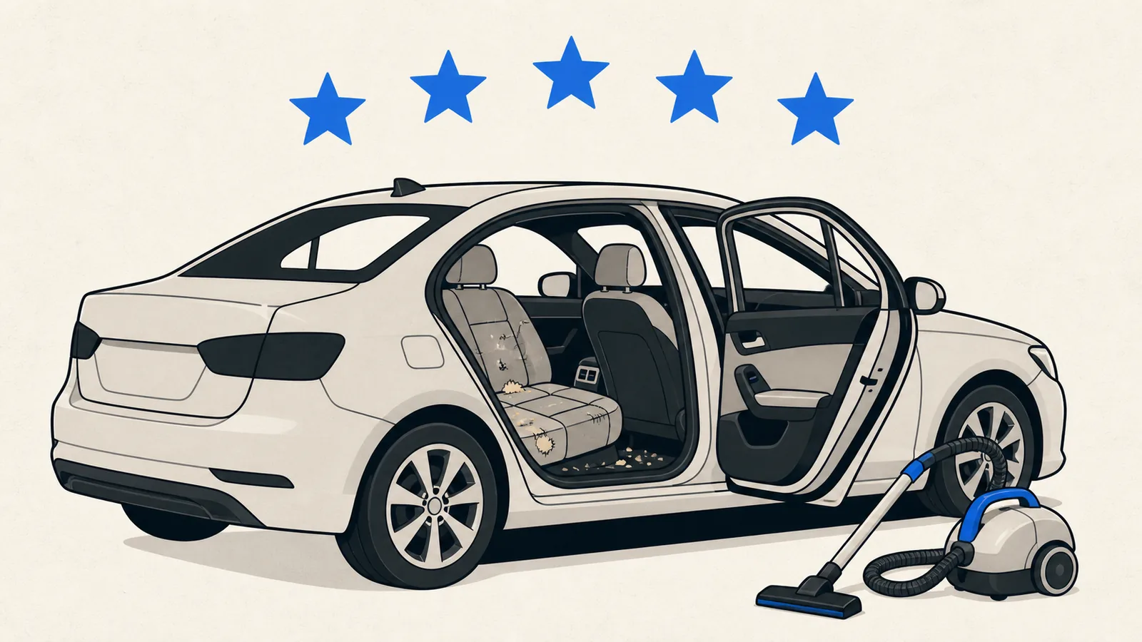 Flat illustration of a sedan with rear doors open showing worn back seats and crumbs, with a five-point star shape above it and a vacuum wand beside it.