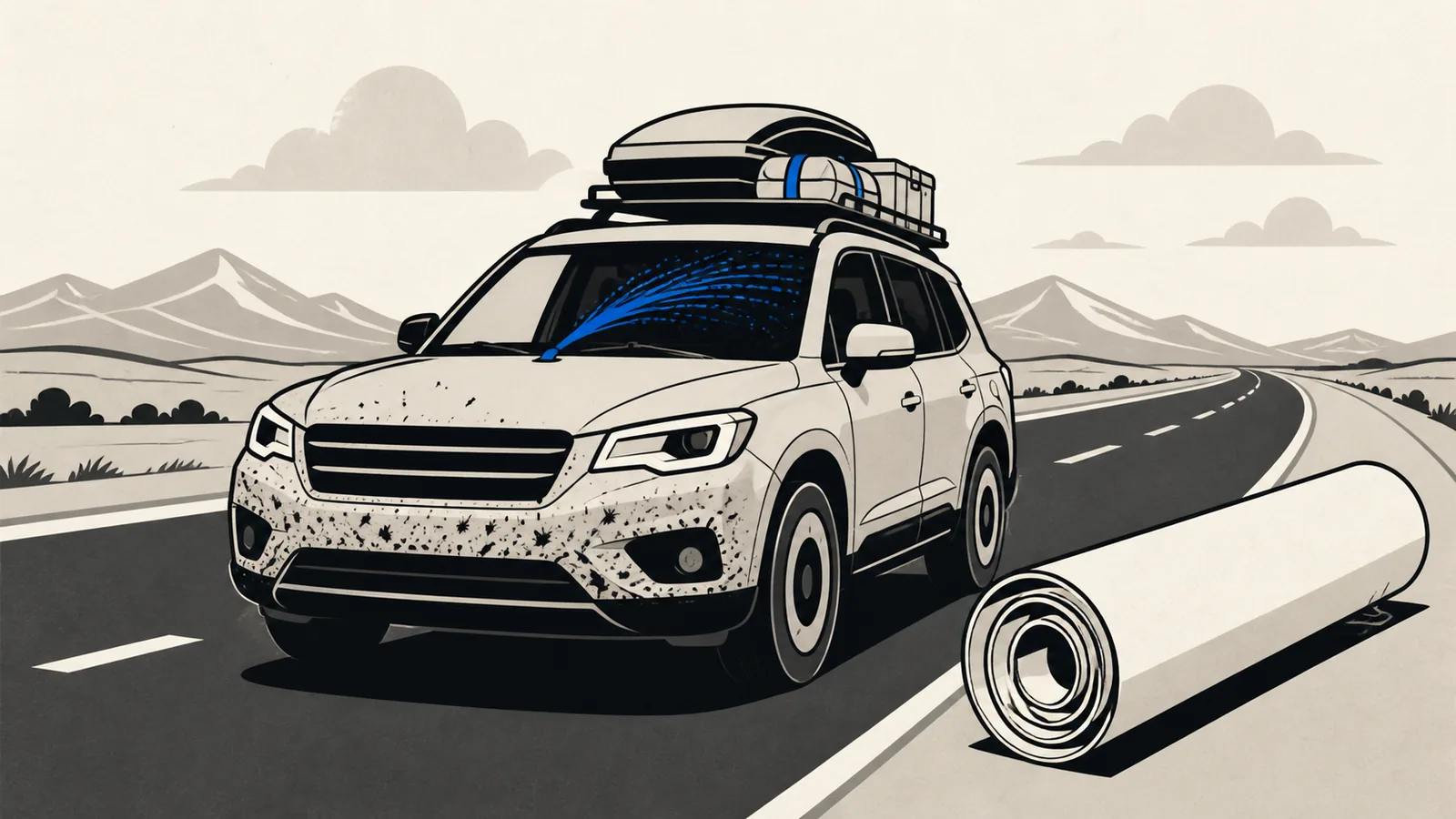 Flat illustration of a packed SUV on an open highway with a bug-splattered front bumper, a windshield washer arc, and a rolled map shape beside it.