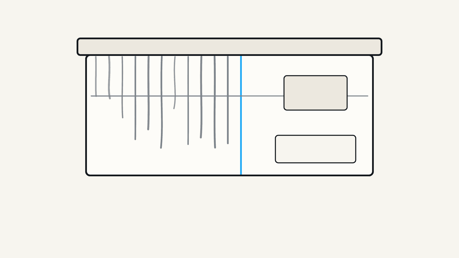 Flat illustration of an RV sidewall with dark streaks running down from the roof edge and awning rail, half of the panel wiped clean.