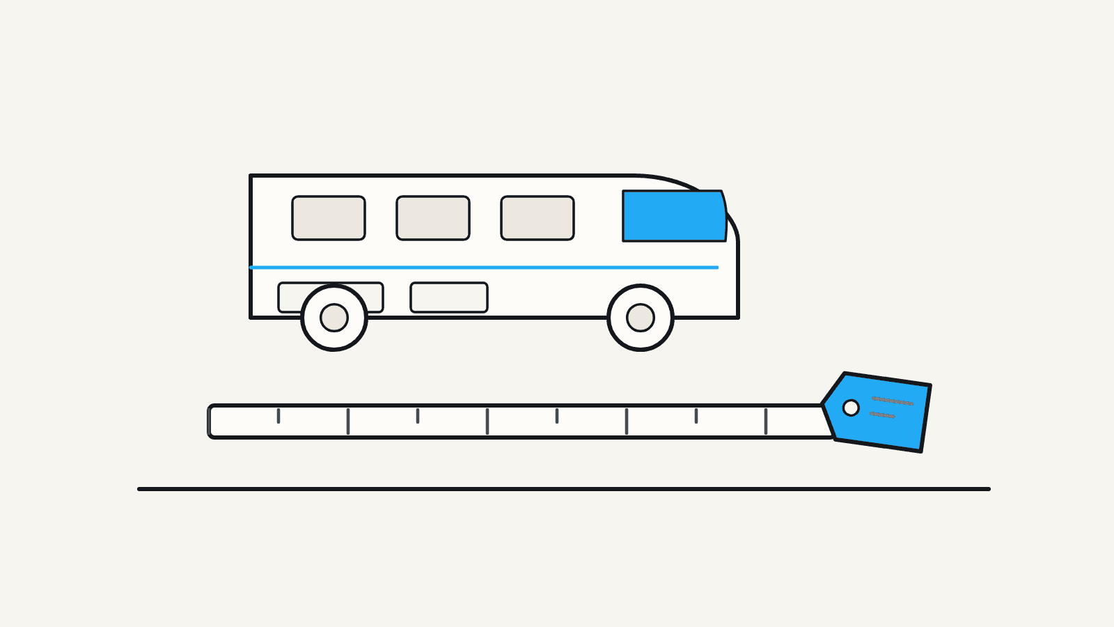 Flat illustration of a motorhome in profile above a measuring tape running the length of the rig, with a blank price tag hanging from the tape.