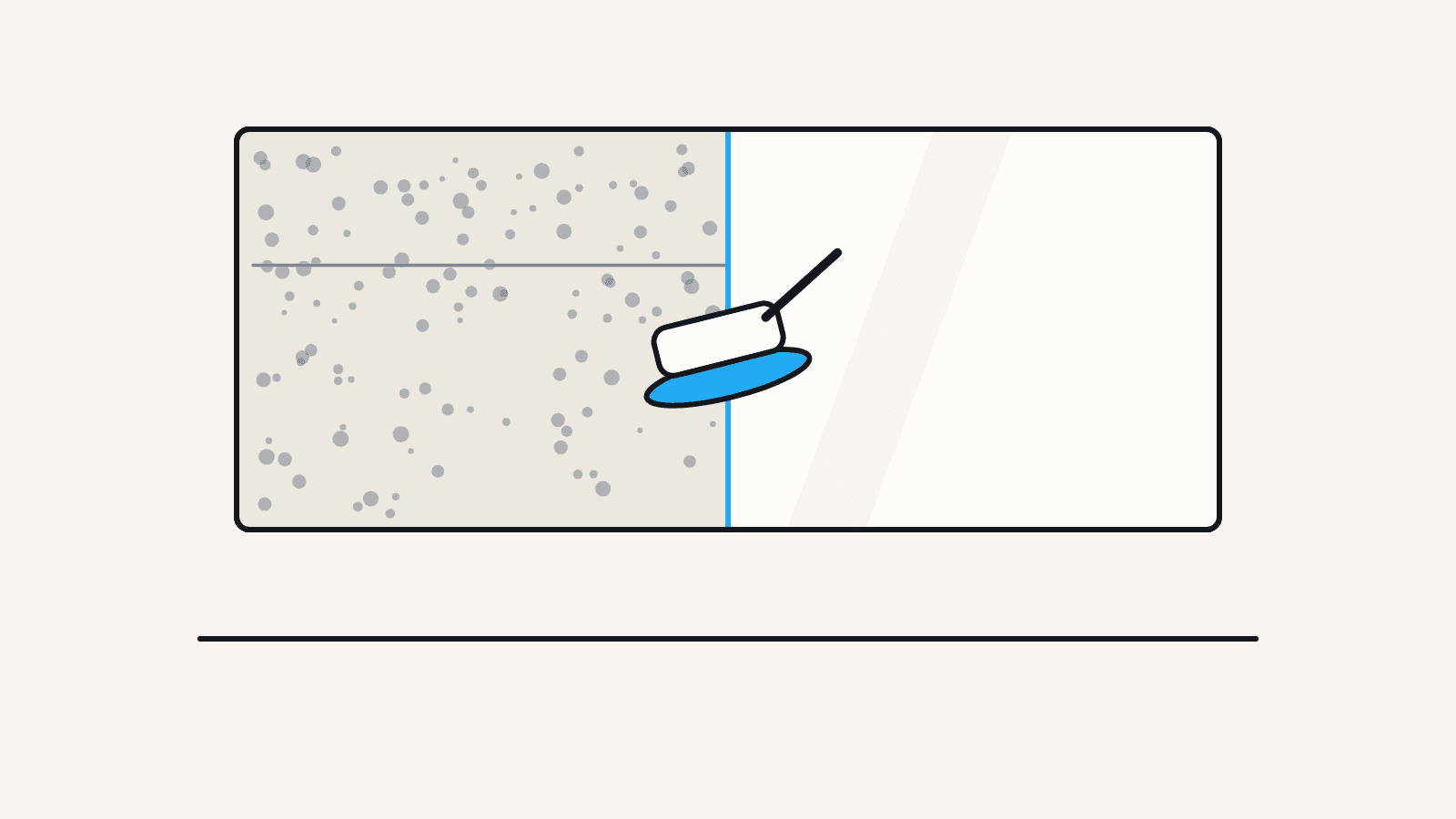 Flat illustration of an RV sidewall split down the middle, one half chalky and dull and the other half glossy and reflective, with a polisher head between them.