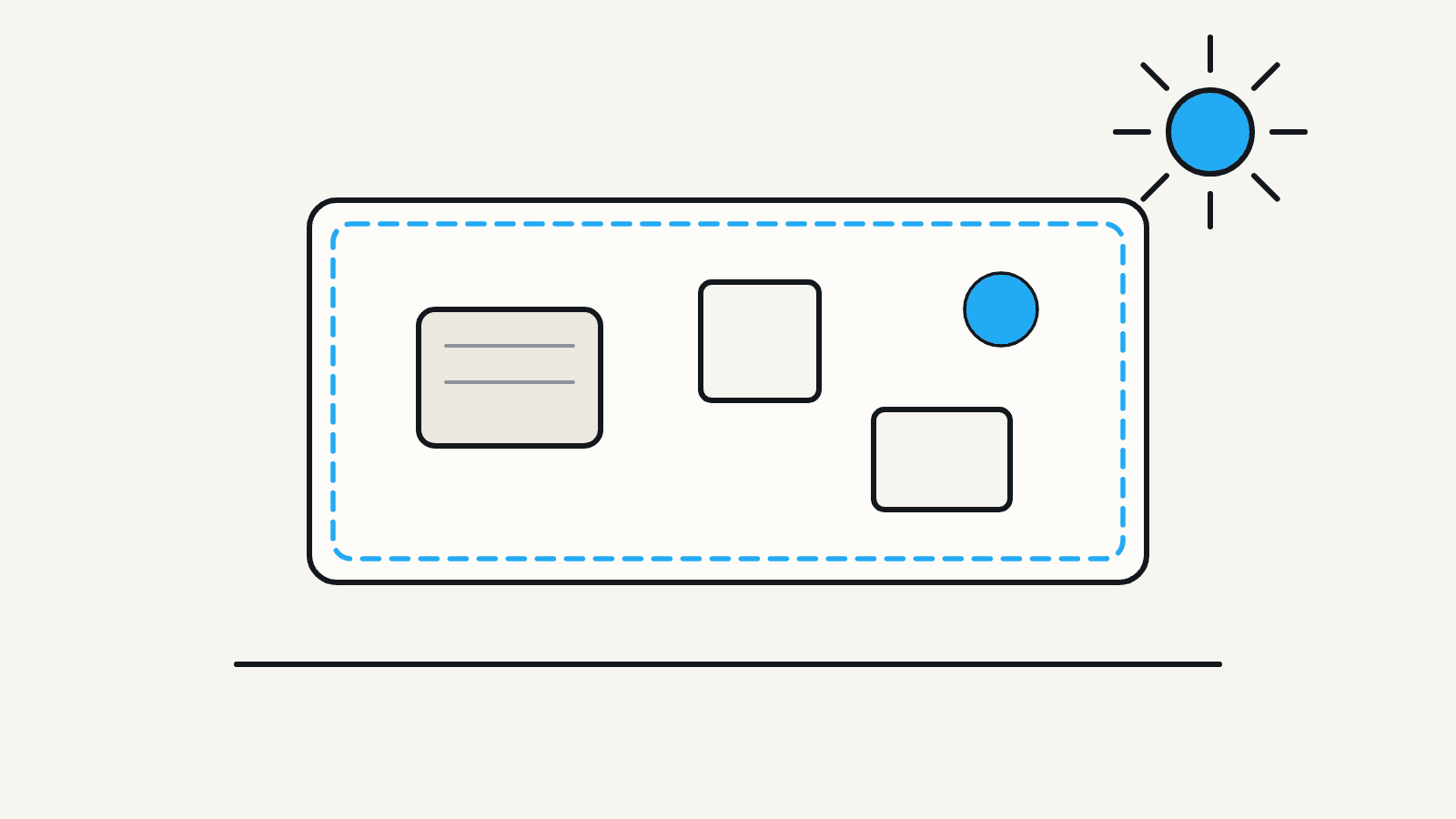Flat illustration of an RV roof seen from above, showing vents, an air conditioner shroud, and sealant beads, with a sun overhead.