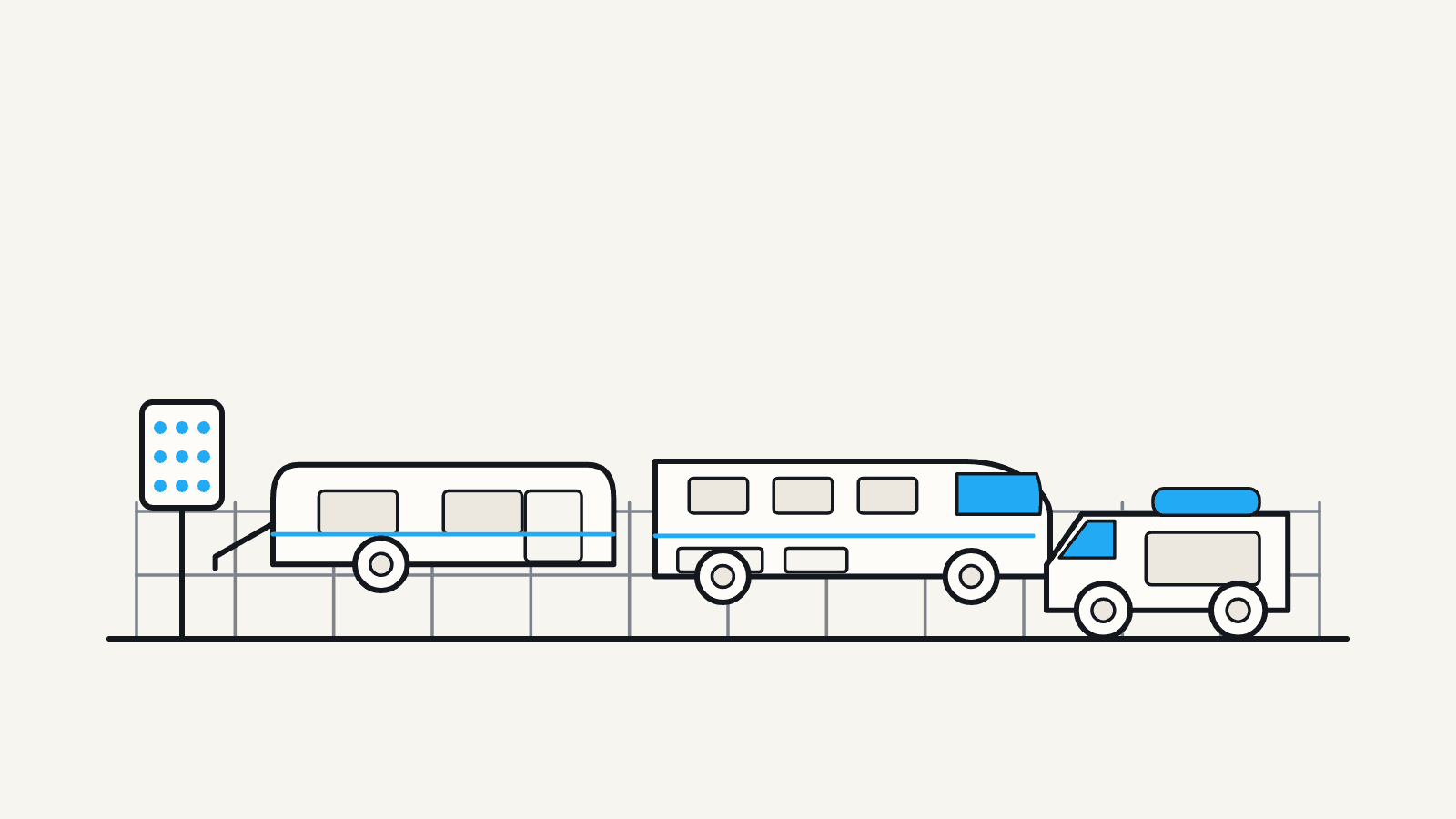 Flat illustration of a row of RVs parked in a fenced storage lot with a gate keypad, and a service van with a water tank alongside one rig.