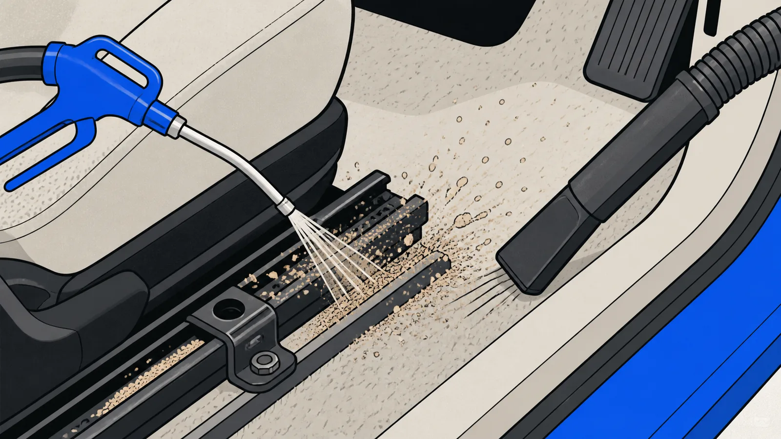 Flat illustration of a car footwell and seat rail with sand piled in the crevices, a compressed air nozzle blowing it loose, and a vacuum wand catching it.