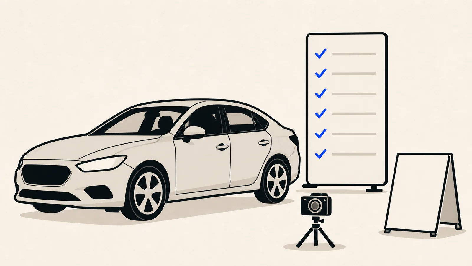 Flat illustration of a car beside a tall blank checklist with blue ticks, a camera on a small tripod, and a blank for-sale placard.