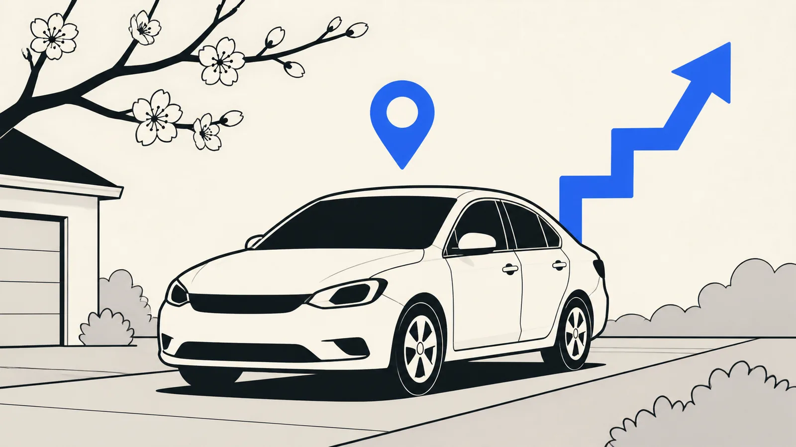 Flat illustration of a clean car on a suburban driveway with a map pin above it, a rising stepped arrow behind it, and blossom on a nearby branch.