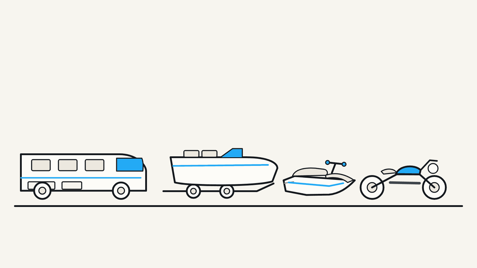 Flat illustration of a motorhome, a boat on a trailer, a jet ski, and a motorcycle lined up in a row.