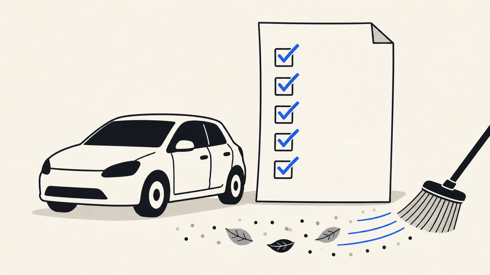 Flat illustration of a car beside a tall blank checklist sheet with blue ticks, with pollen specks and dried leaves being swept away.