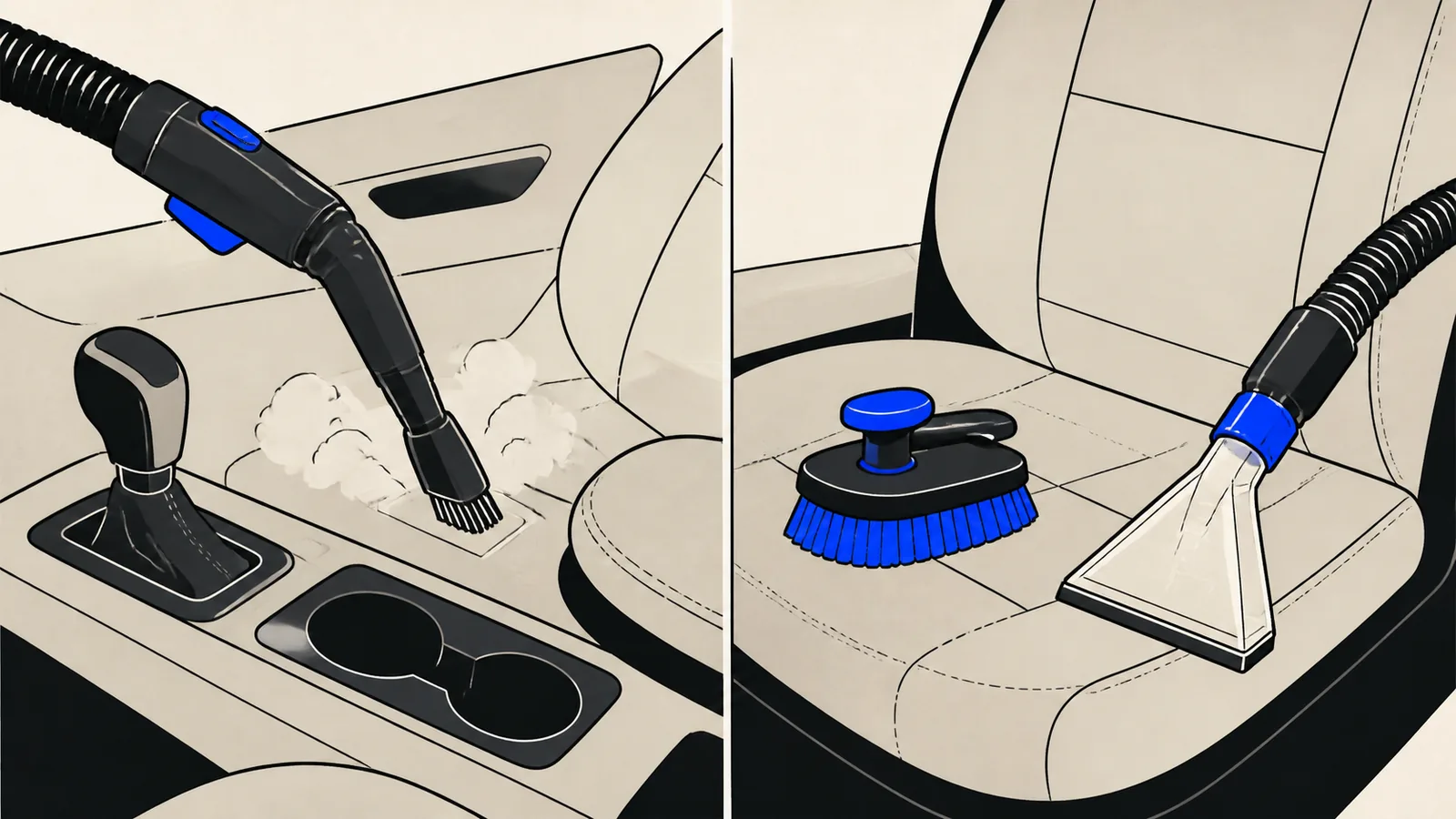 Flat split illustration of a steam wand with fine vapour on a console on the left and a shampoo brush with an extraction wand on a seat on the right.