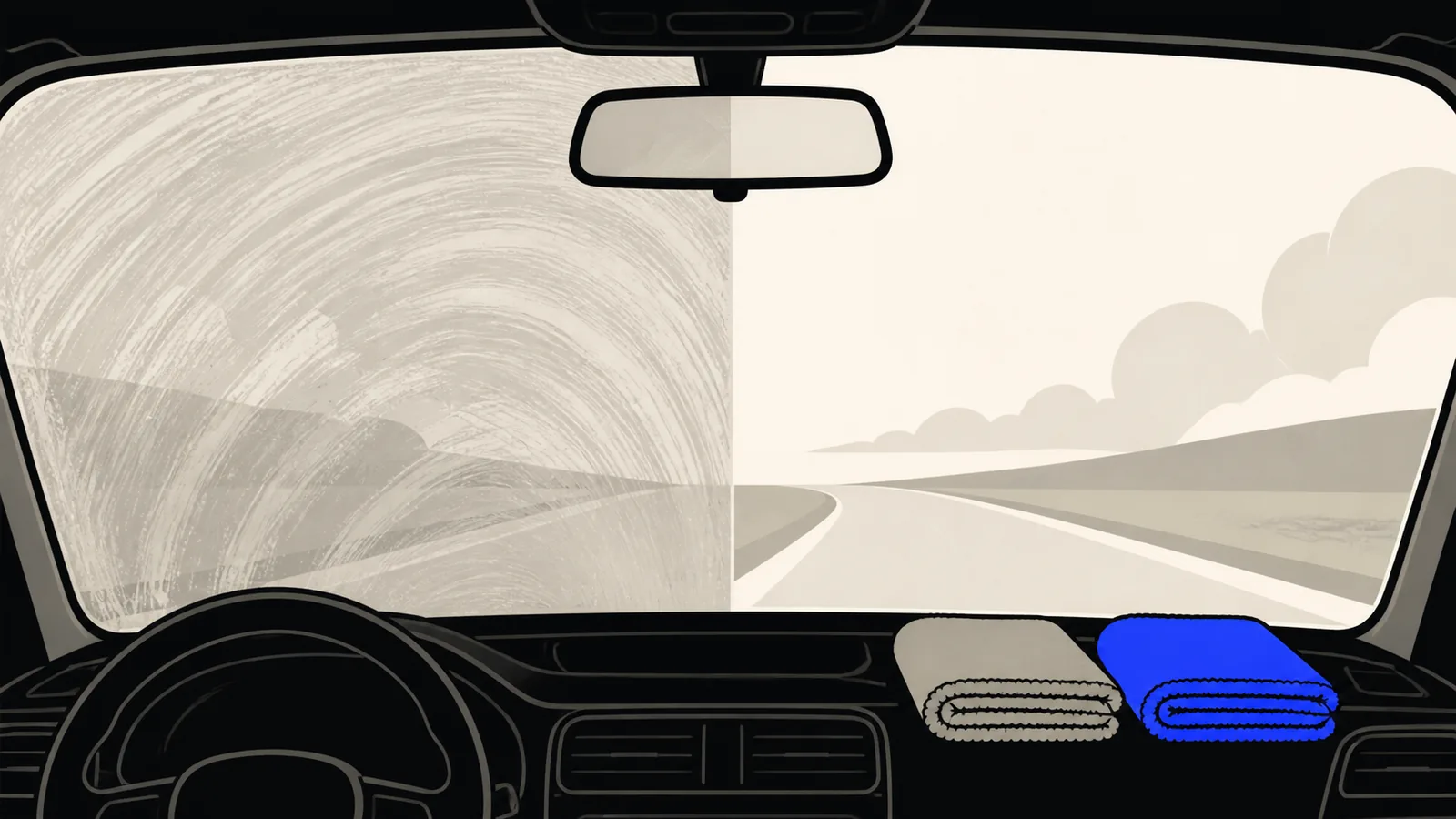 Flat illustration of a windshield seen from the driver seat, hazy with wipe streaks on the left half and perfectly clear on the right, with two folded microfiber towels on the dash.