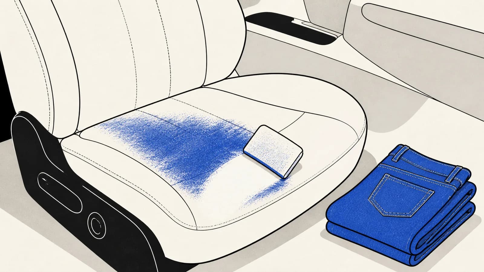 Flat illustration of a white car seat with a blue denim dye shadow on the seat base, a folded pair of jeans beside it, and a cleaning pad lifting the stain.