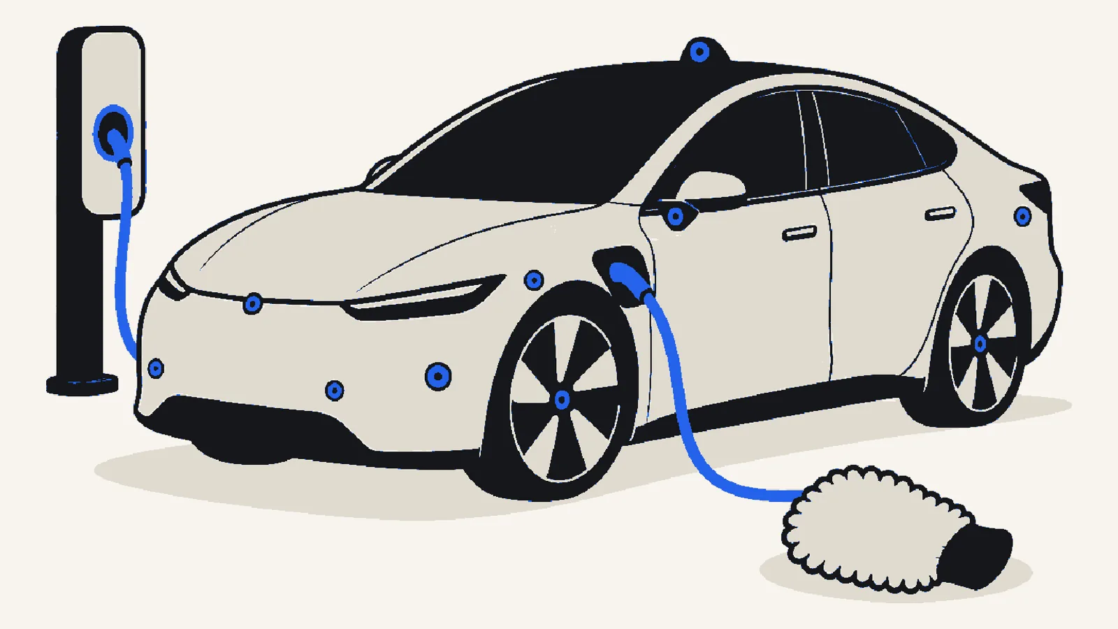 Flat illustration of a generic electric sedan with a charging cable in its port, camera and sensor spots highlighted in blue, and a soft wash mitt beside it.