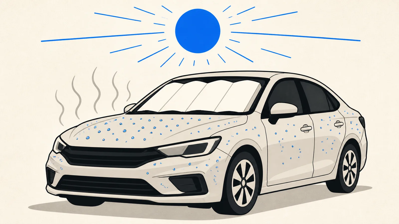 Flat illustration of a car under a blazing sun with heat waves rising off the hood, a sunshade in the windshield, and water beading on the protected paint.