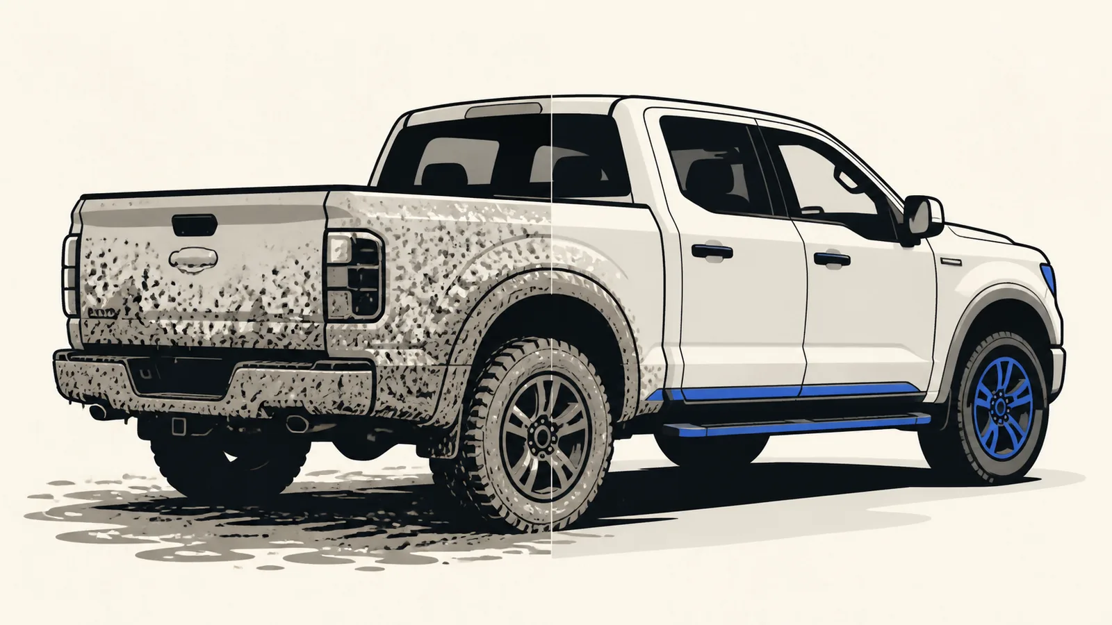 Flat illustration of a pickup truck with a muddy bed and dirty wheel arches on one half and a cleaned, dressed finish on the other.