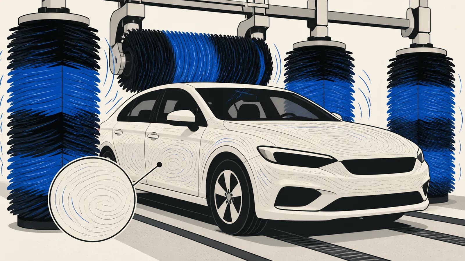 Flat illustration of a car in a brush tunnel wash with magnified spiderweb swirl marks on the paint.