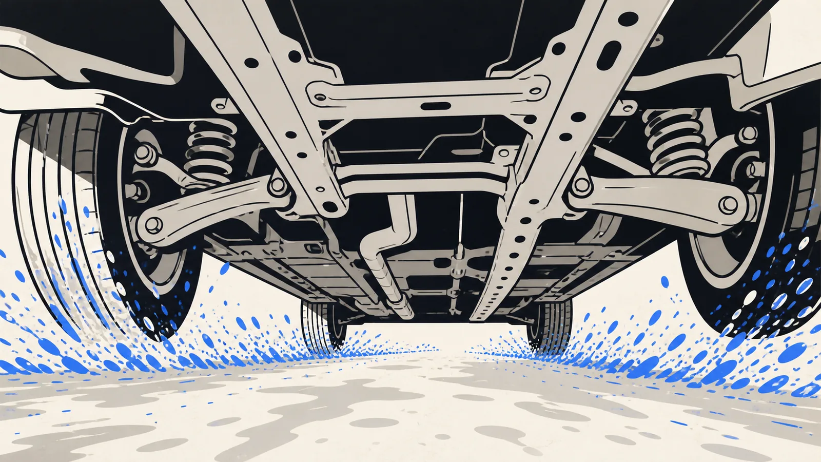 Flat cutaway illustration under a car showing frame rails and suspension with brine spray flicking up off the road surface.