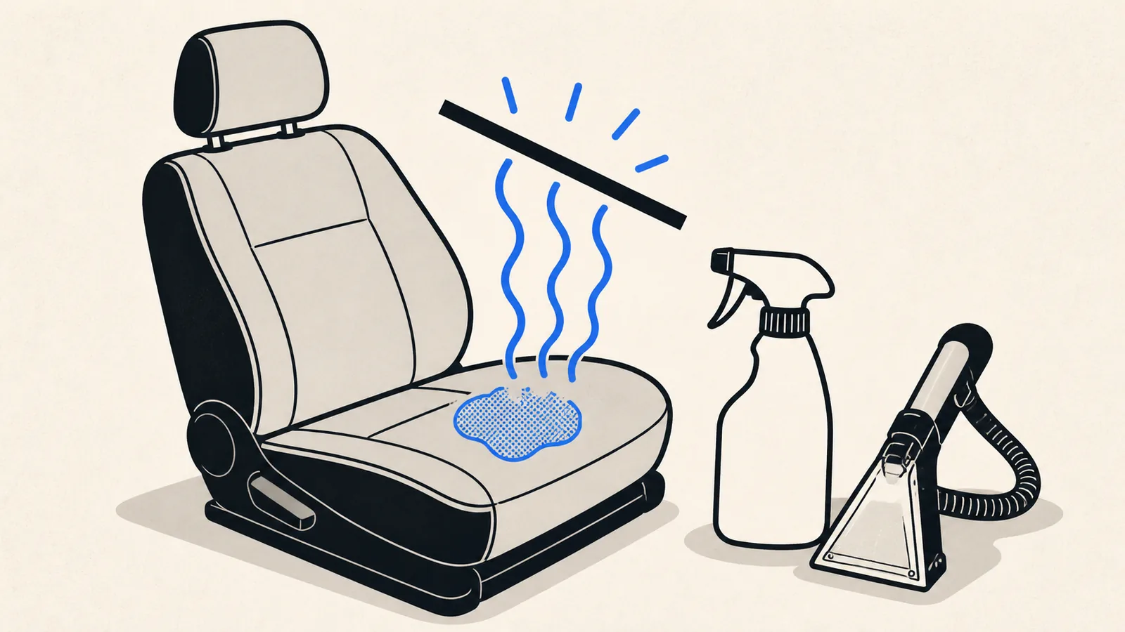 Flat illustration of a car seat with a marked soiled area, an enzyme spray bottle, and an extraction wand beside it, with odor waves being cut off.