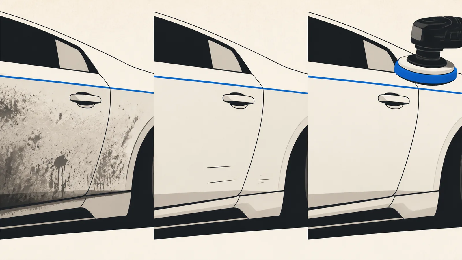 Flat illustration of the same car panel in three stages: dirty, clean, and finally flawless under a polishing machine head.