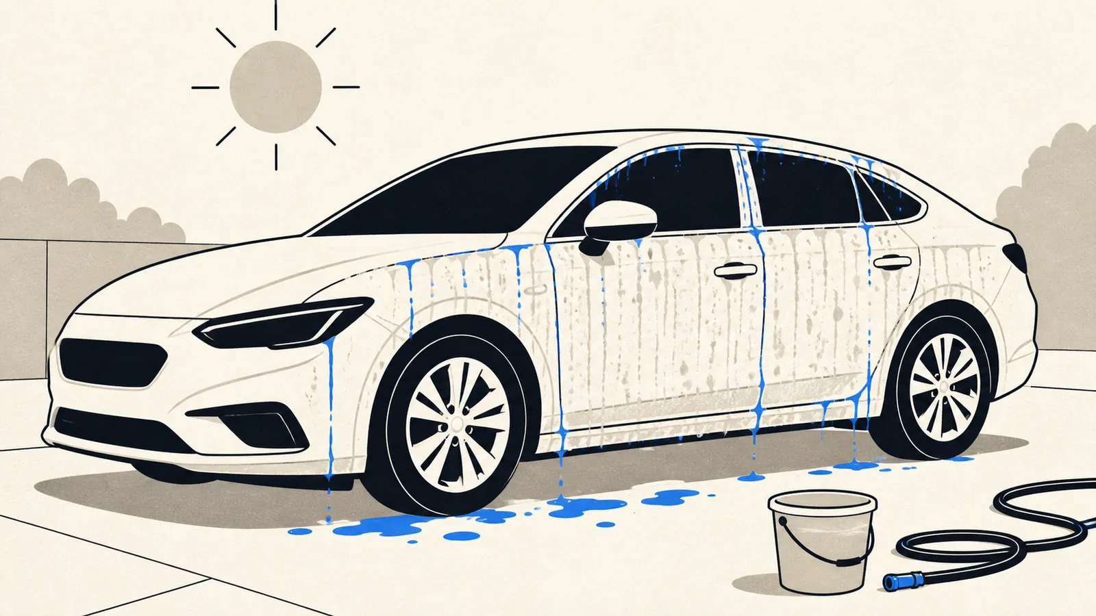 Flat illustration of a car being washed in direct overhead sun with soapy water drying into visible streaks and spots on the panel.