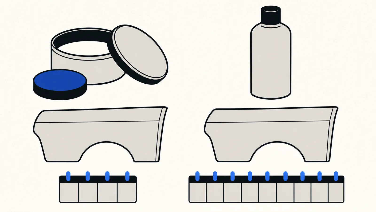 Flat illustration of a wax tin with an applicator pad on the left and a sealant bottle on the right, each above a car panel with a small calendar strip.
