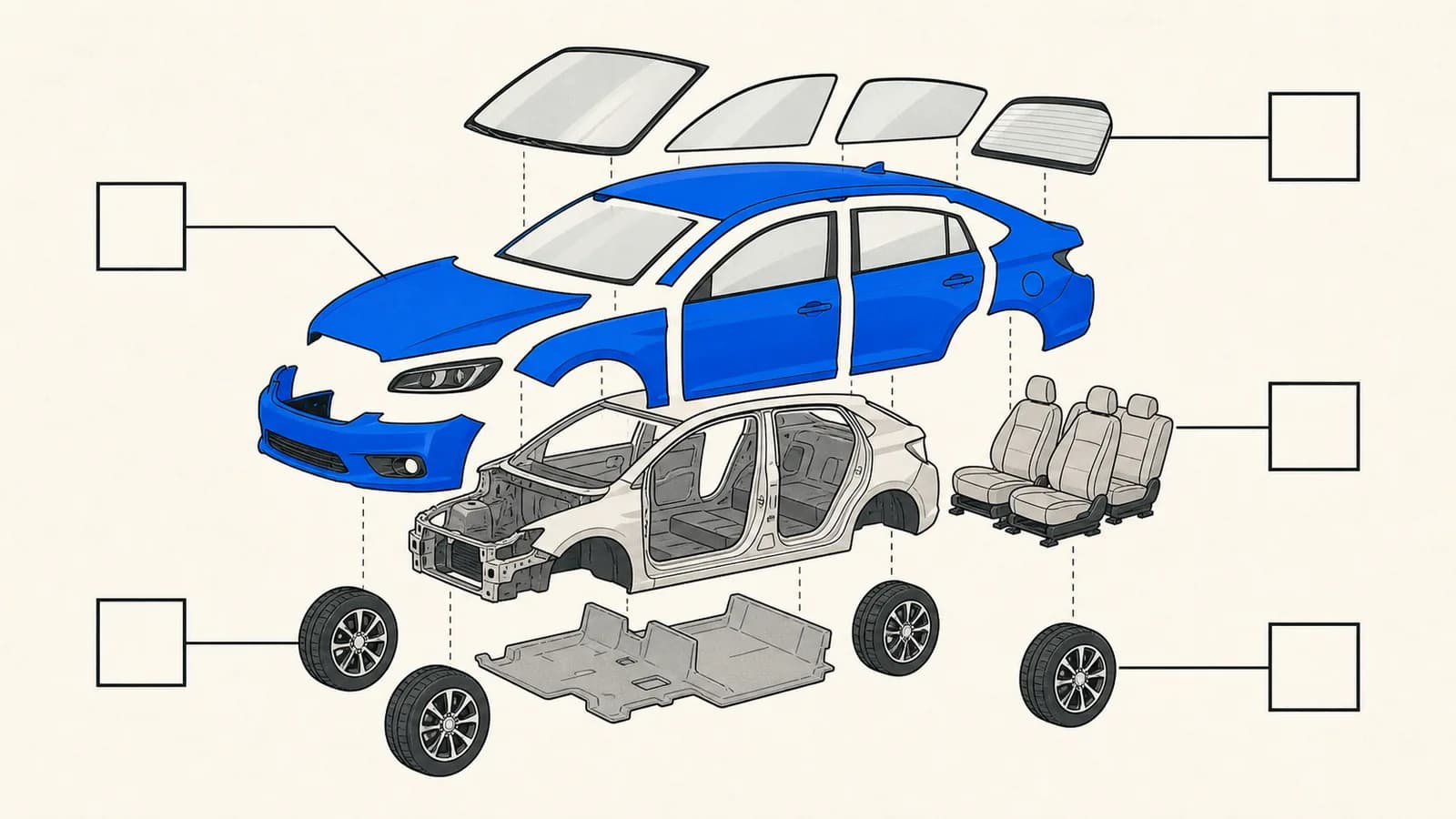 Flat illustration of a car broken into blank zones for wheels, paint, glass, seats, and carpet, with leader lines pointing to empty tick boxes.