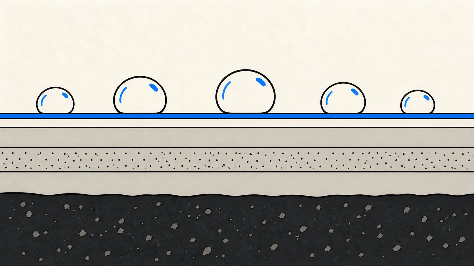 Flat magnified cross-section illustration of car paint layers with a thin glassy coating on top and water beading tightly on the surface.