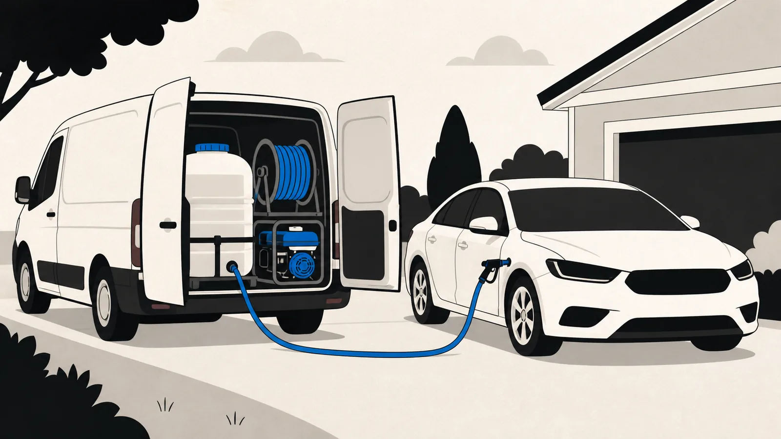 Flat illustration of a mobile detailing van parked in a suburban driveway with a water tank, a coiled hose, and a generator beside a car.