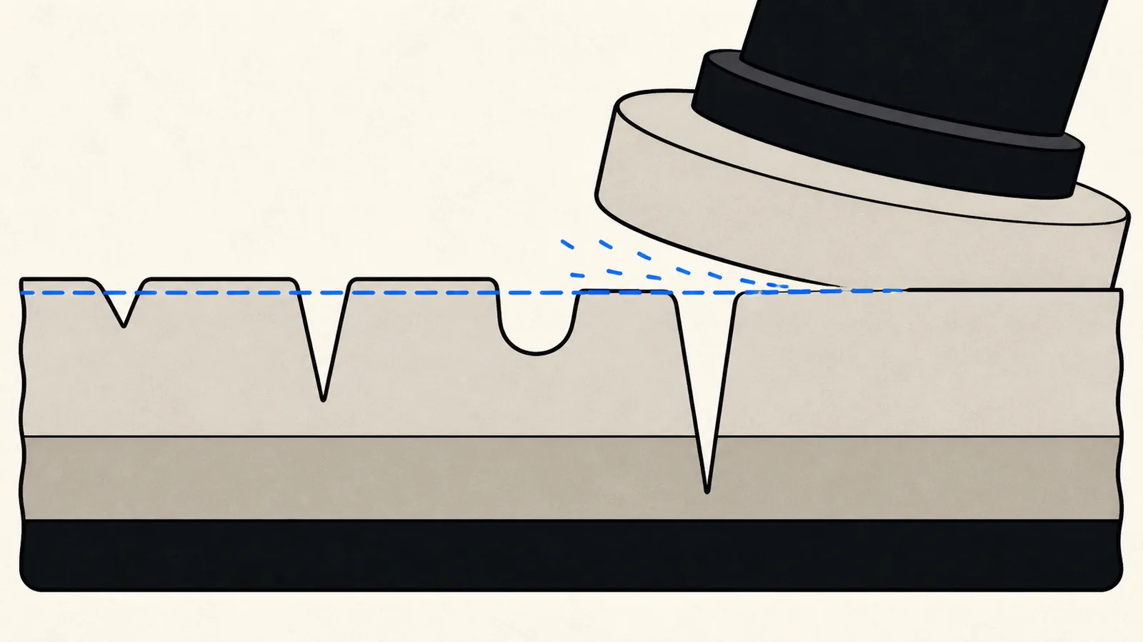 Flat magnified cross-section illustration of clear coat with scratches and a polishing pad levelling the surface down to the base of the defects.