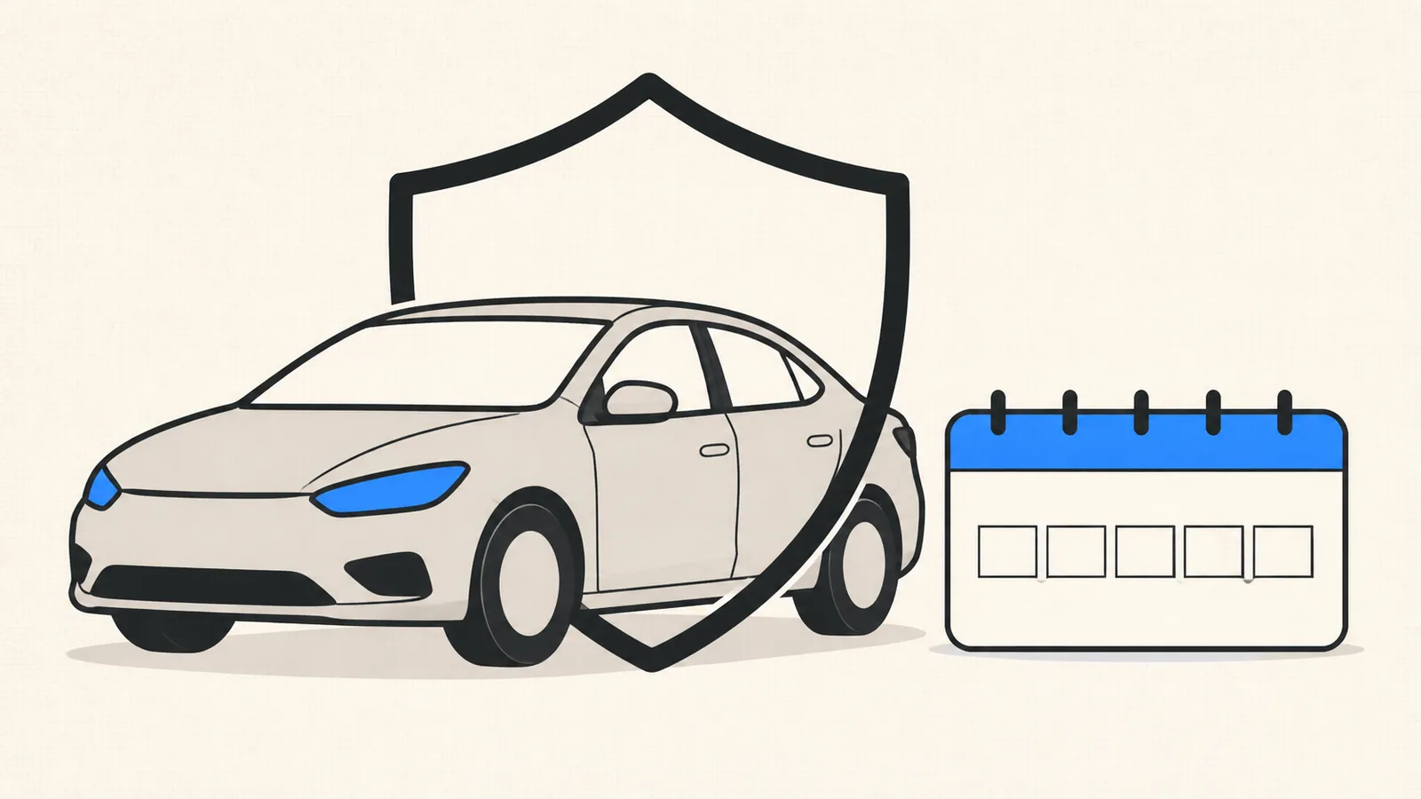 Flat illustration of a shield outline overlapping a clean car, beside a small calendar block with seven blank day squares.