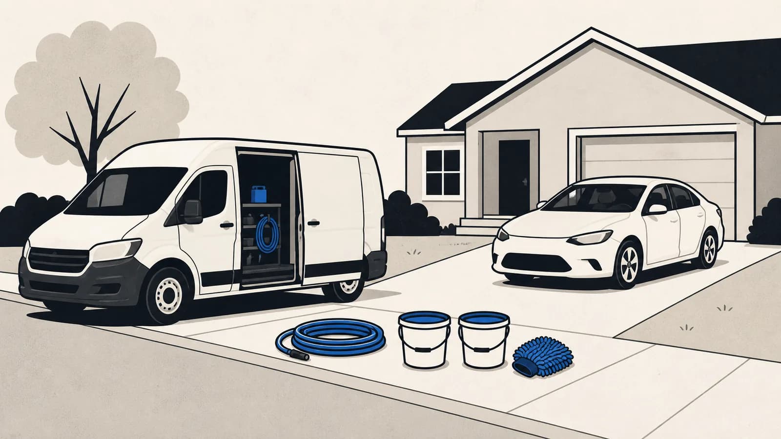 Flat illustration of a mobile detailing van set up in a suburban driveway with hoses and buckets beside a car.
