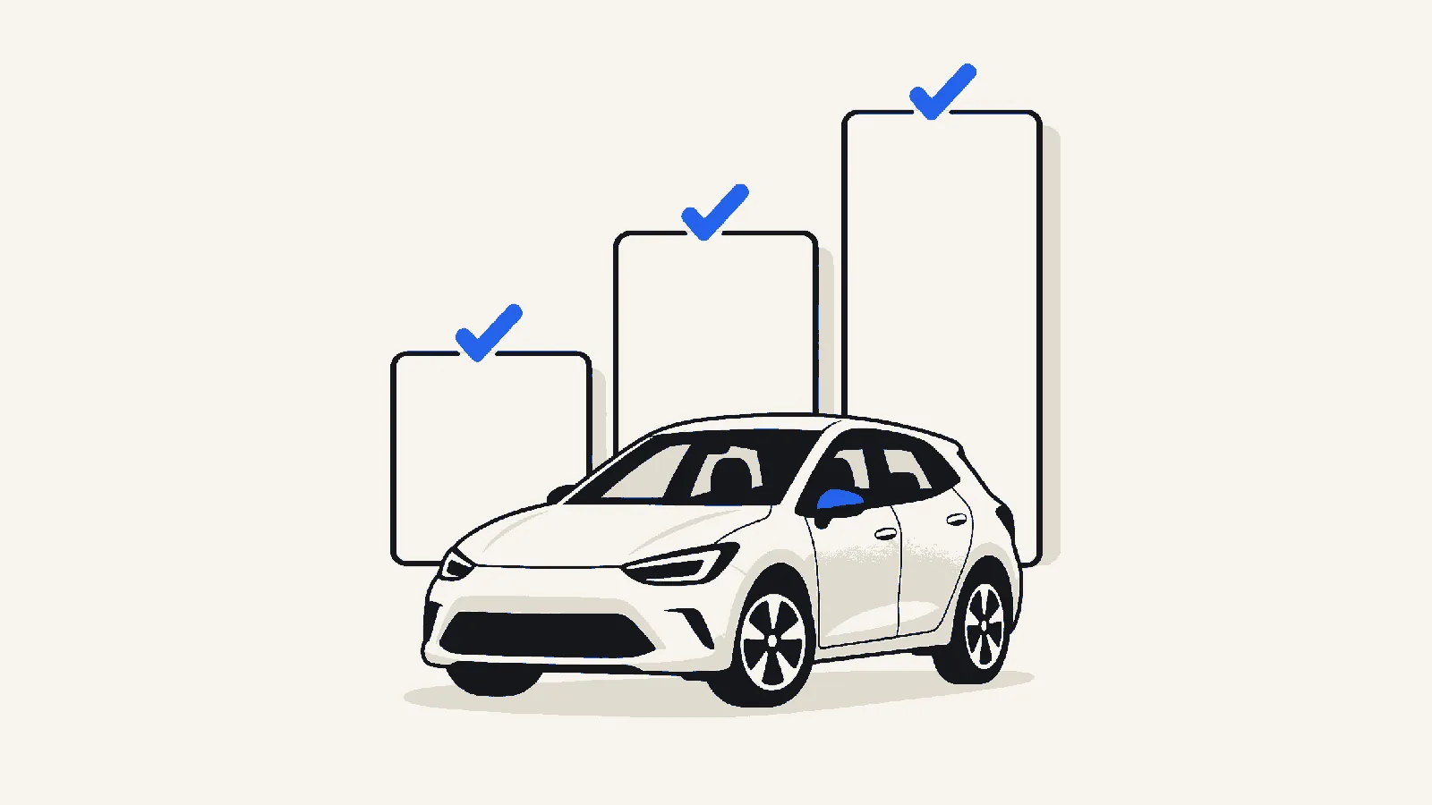 Flat illustration of two blank stepped cards of rising height behind a car, each topped with a small blue check mark.