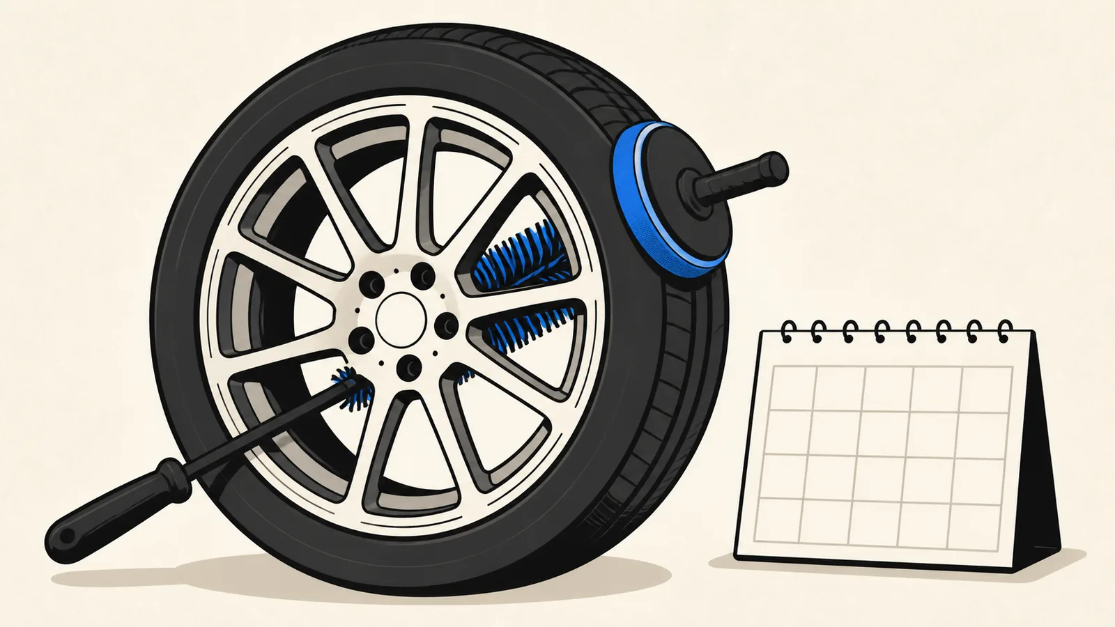 Flat illustration of a wheel and tire with a long barrel brush reaching behind the spokes, a dressing applicator on the sidewall, and a small calendar strip beside it.
