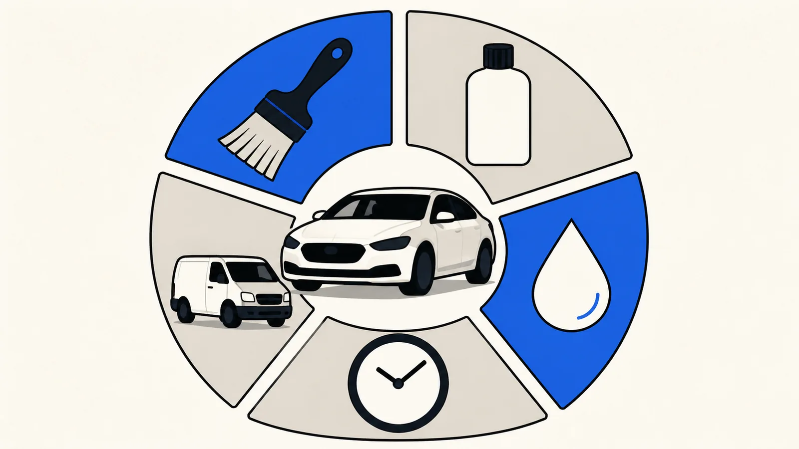 Flat illustration of detailing cost inputs arranged as wedges around a car: a brush, a bottle, a water drop, a clock, and a van.