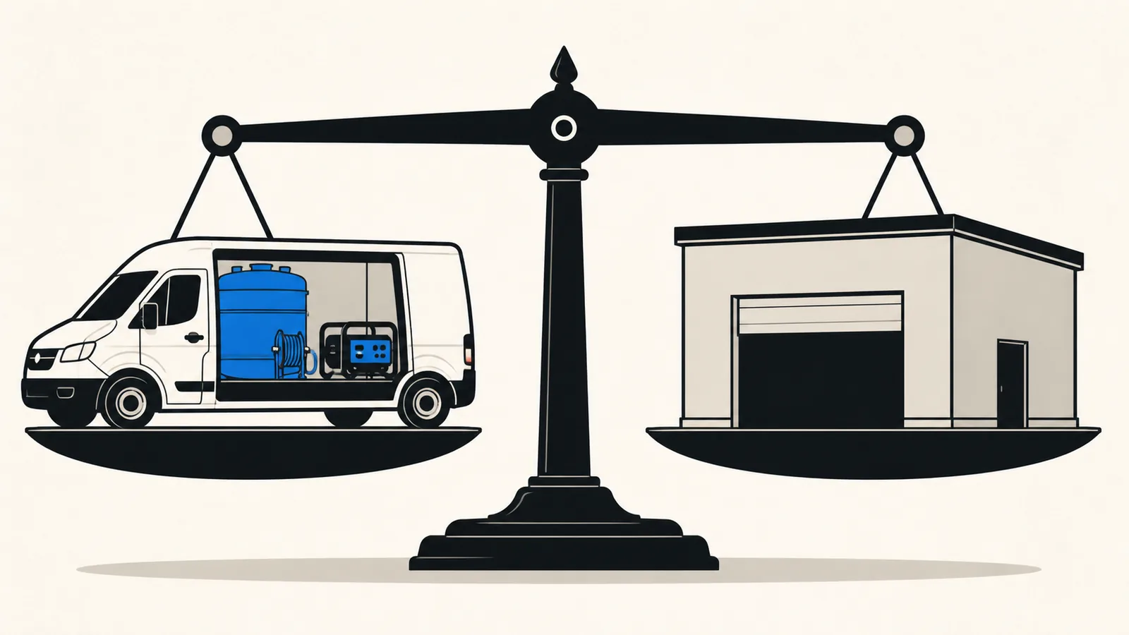 Flat illustration of a balance scale weighing a mobile van with a water tank and generator against a fixed shop building.