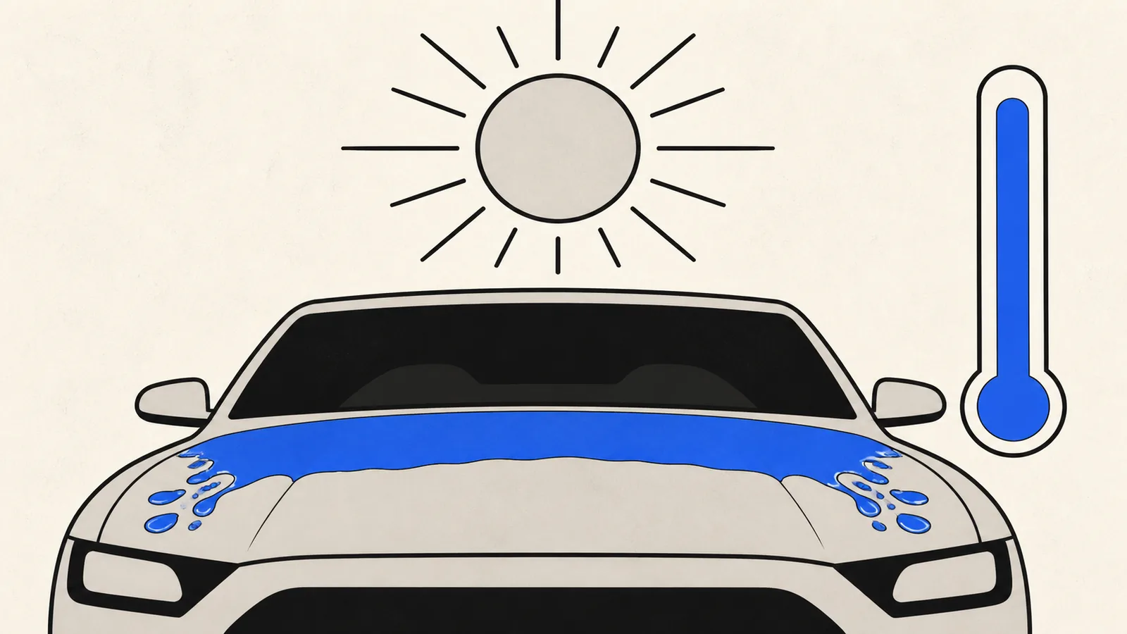 Flat illustration of a hot sun over a car hood with a wax layer visibly thinning at the edges and a thermometer showing a high reading.