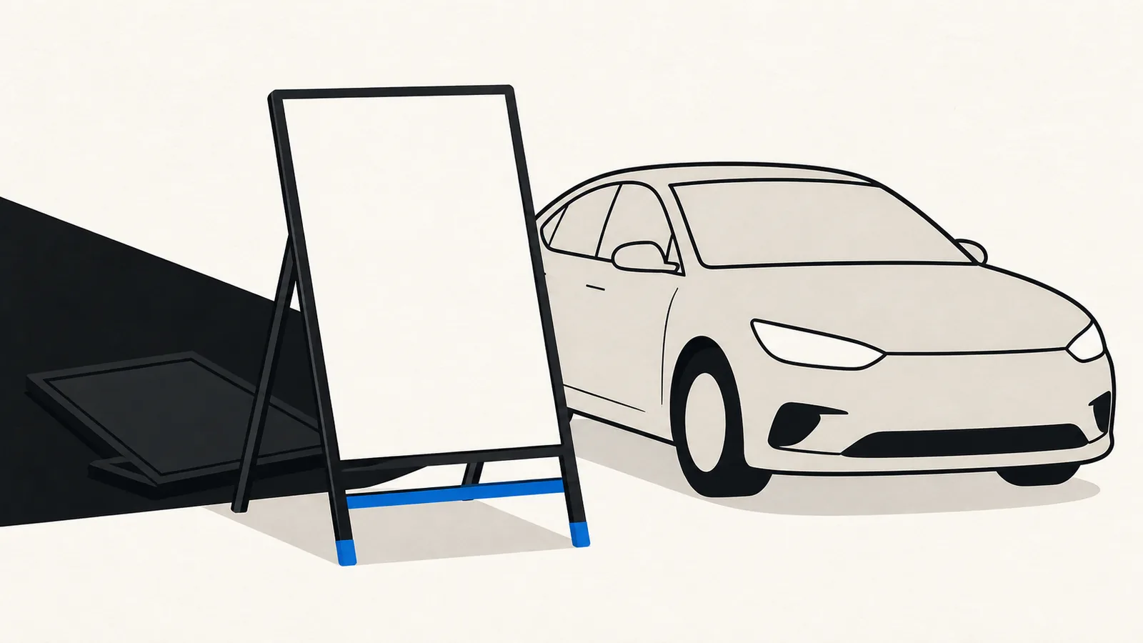 Flat illustration of a blank price board standing in bright light beside a car, with a second board turned face-down in shadow behind it.