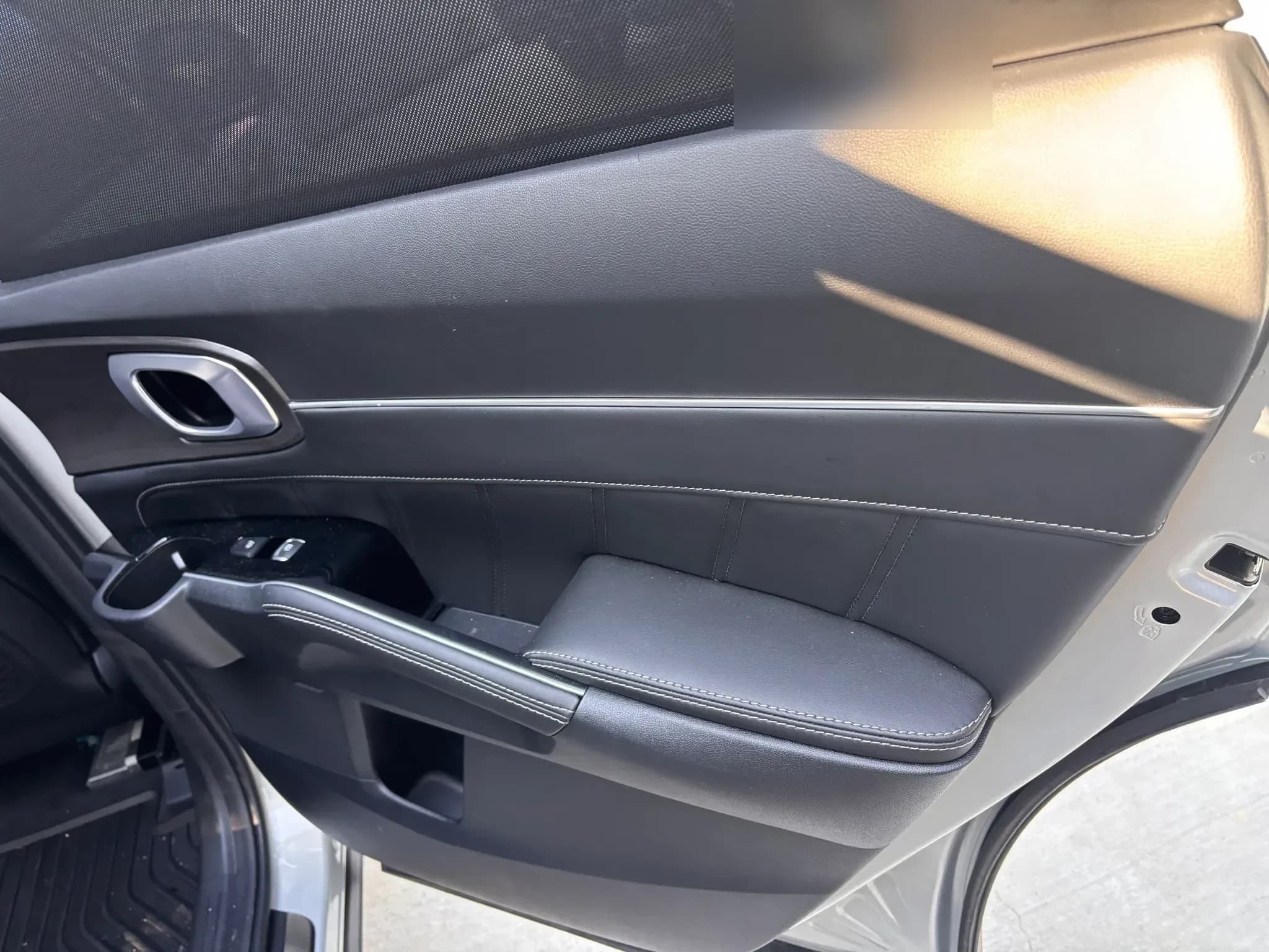 Clean black leather rear door panel inside a Kia Sorento.
