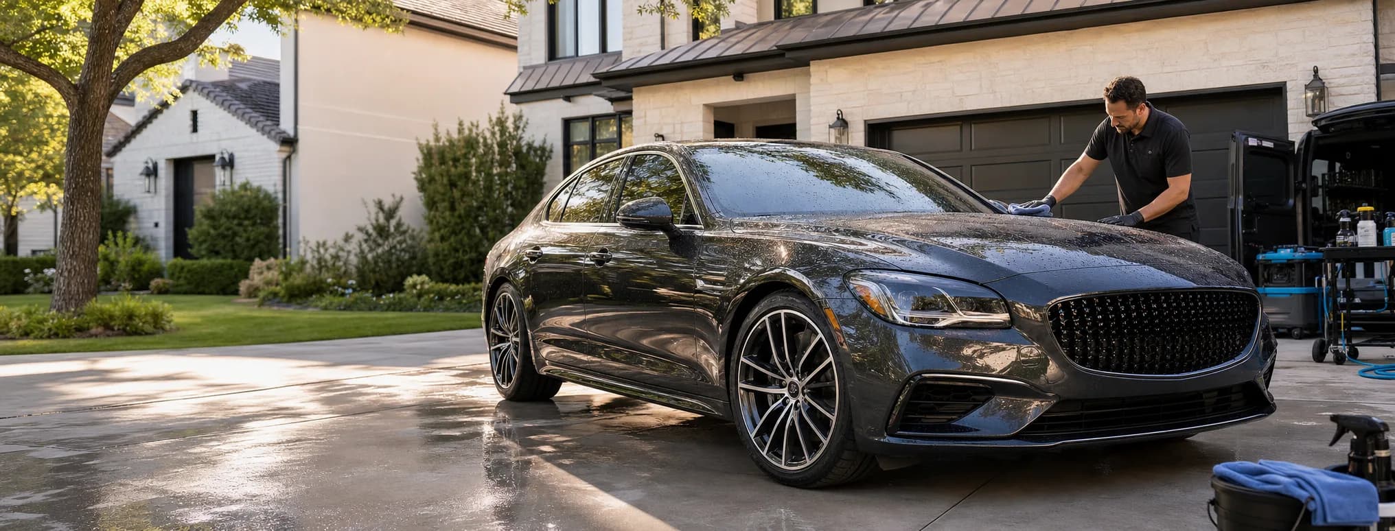 A freshly detailed sedan on a DFW driveway while a mobile detailer finishes the hood.